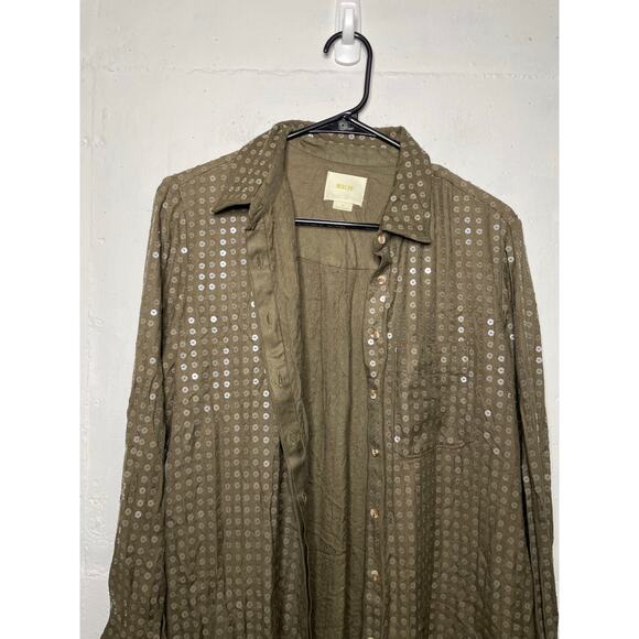 Anthropologie Maeve Sequin Button Down Shirt Size Small Olive Green Long Sleeve - Picture 2 of 10